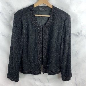 Laurence Kazar Paris Cardigan Sz 10 L Black Silk Beaded Sequin Jacket vintage